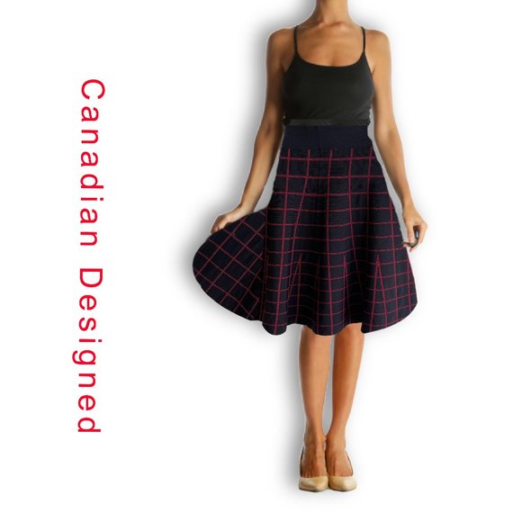 NEW Window Pane check High Waisted BLK Red Midi Skirt S - Picture 2 of 9